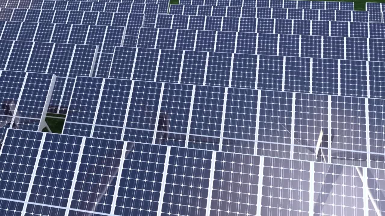 компьютерная анимация, изображающая фотоэлектрическую установку на лугу