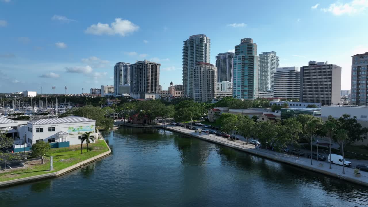 St. Petersburg, Florida,with contemporary skyscrapers and diverse architecture along the waterfront. Luxury villas with modern glass facades and lush greenery. Florida, USA in summer. Downtown theme.