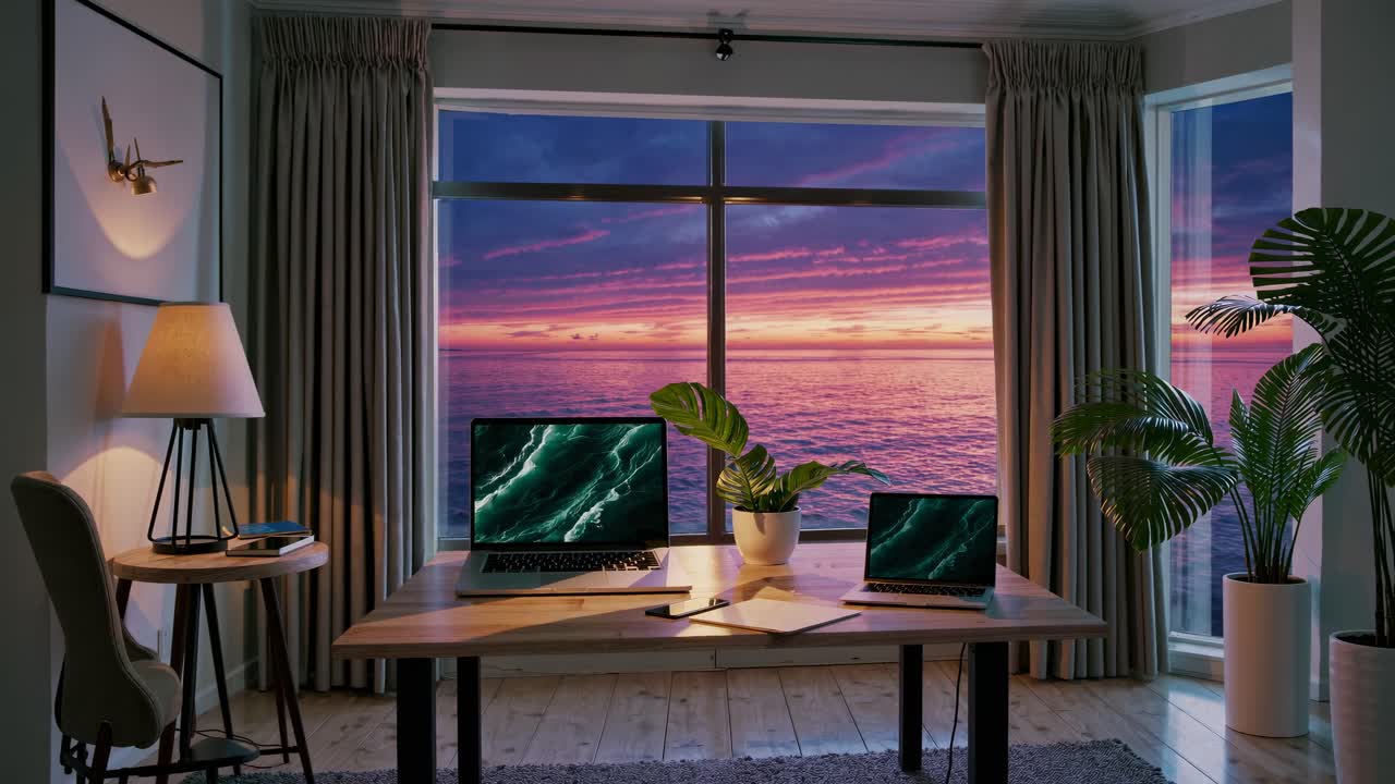 Cozy home office with two laptops on a wooden desk, large window view of a vibrant sunset