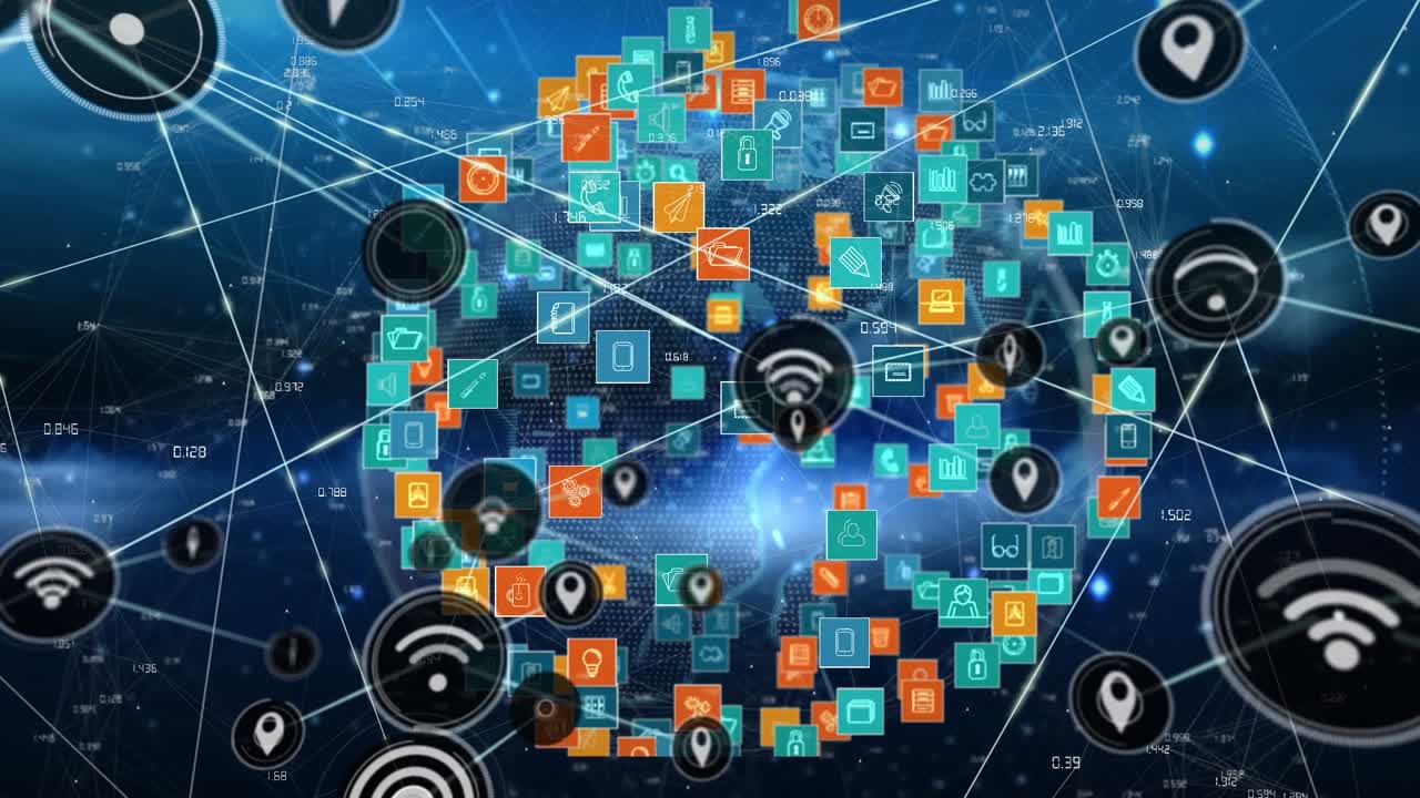 Animazione di una rete di connessioni con icone sul globo e punti luminosi.