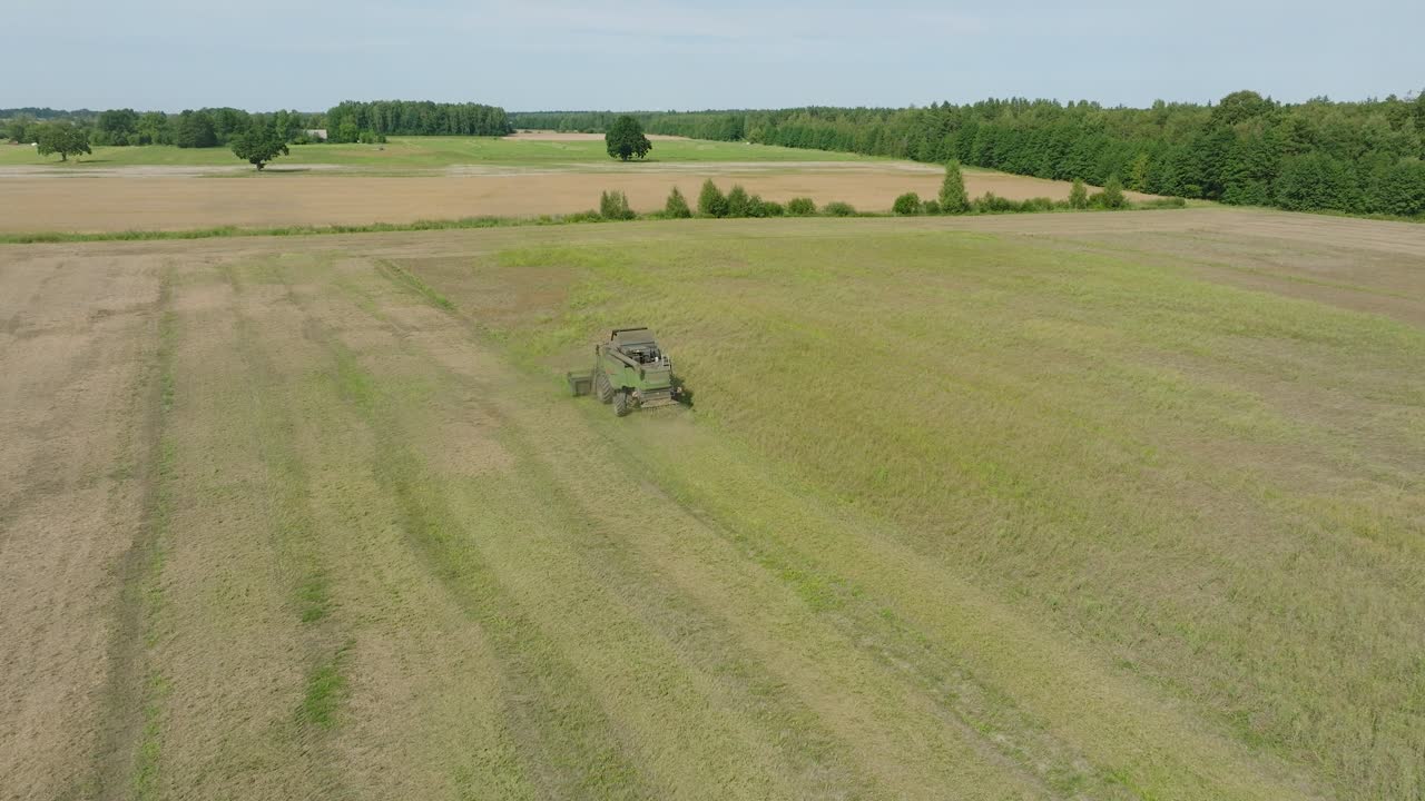 황색 밀을  ⁇ 는 수확기, 머신 뒤에 먼지 구름이 올라오는, 식품 산업, 노란색 곡물 수확 작물,  ⁇ 은 여름 날, 드론  ⁇  앞으로 이동, 아래로 기울어