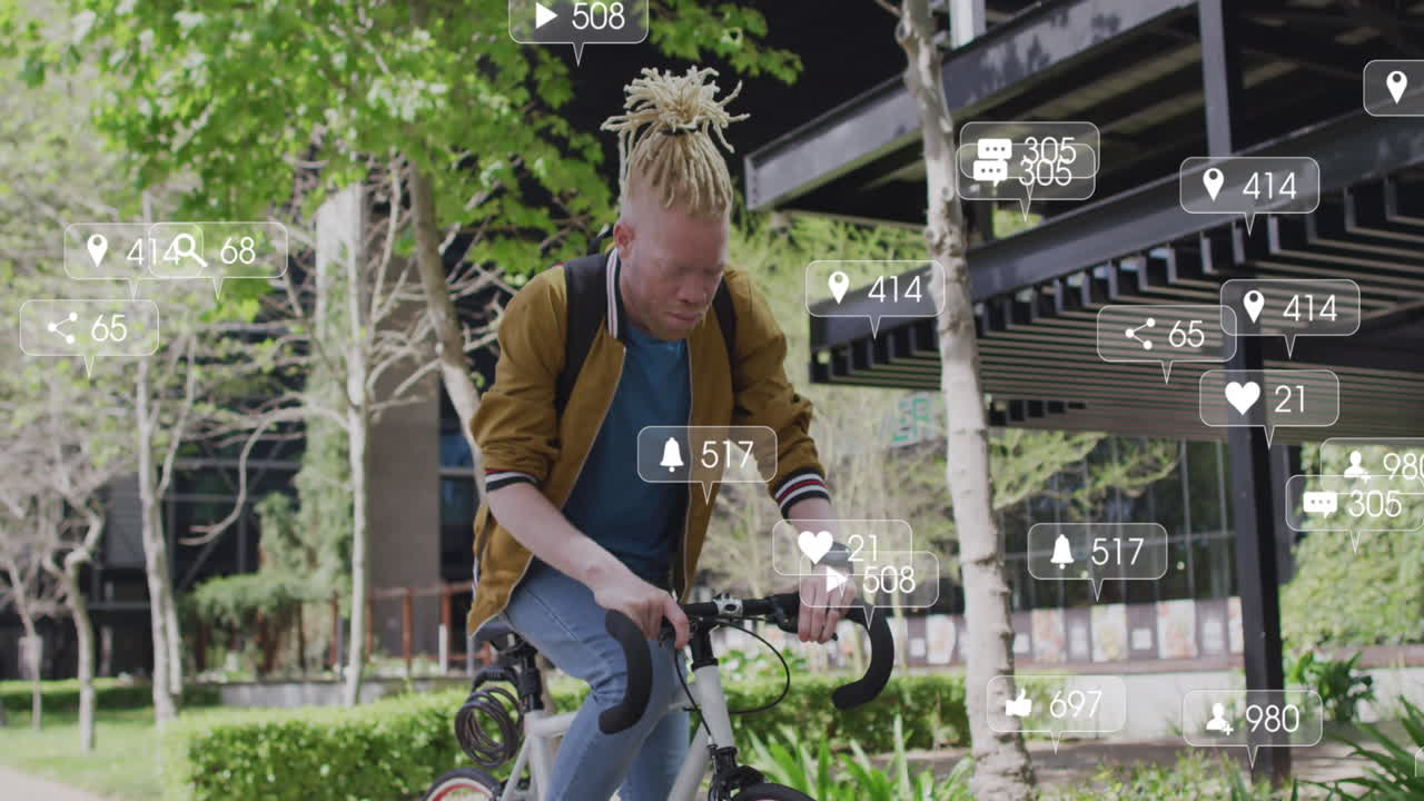 animación del procesamiento de datos de las redes sociales sobre el hombre albino en la ciudad