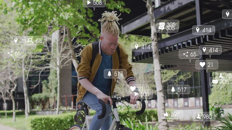 Animazione di elaborazione dati di social media su un uomo albino in città