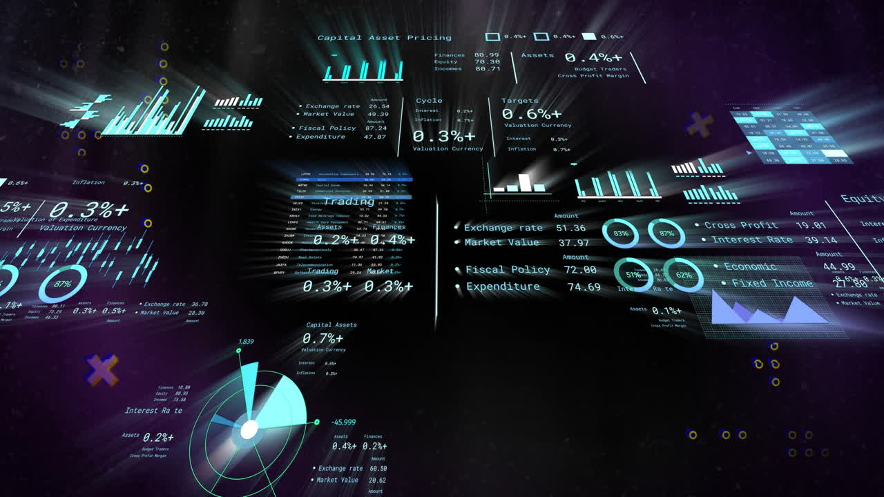 Animation of futuristic graphs and charts floating in dark space