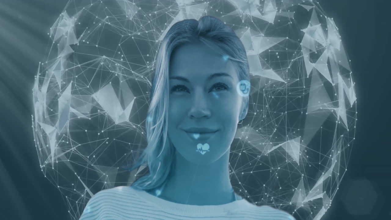 Digital network overlay with geometric patterns, woman smiling in background