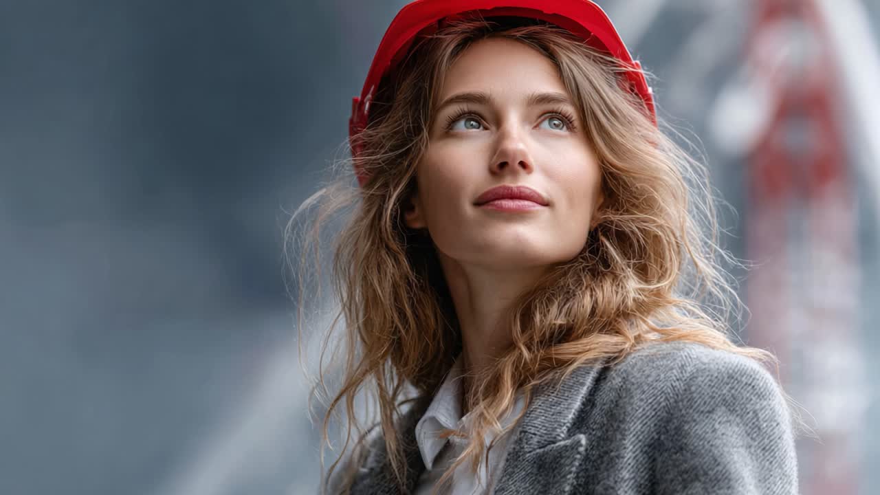 A confident and thoughtful woman wearing a red construction helmet gazes upwards, showcasing a blend of professionalism and elegance in an industrial setting