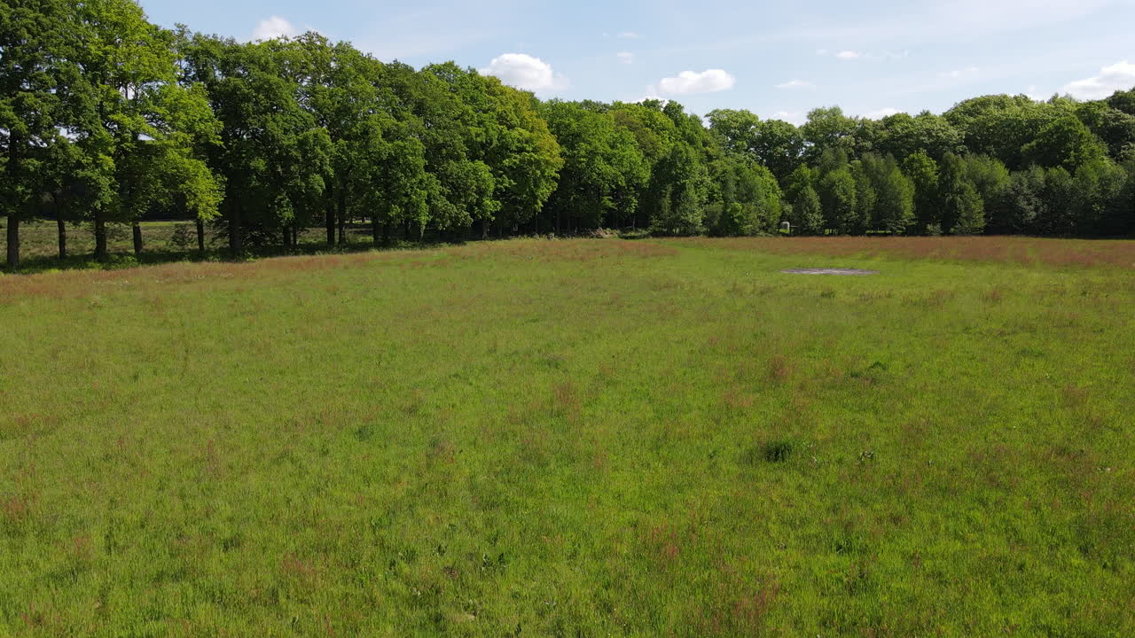 Drone shot flying over farmland and forest.