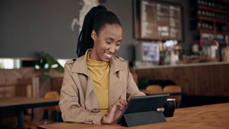 Happy,-cafe-and-black-woman-with-a-tablet