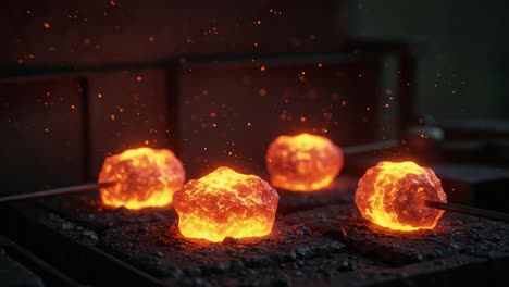 intense heat and creation: the mesmerizing transformation of metal ingots in a forging process under glowing lava-like conditions