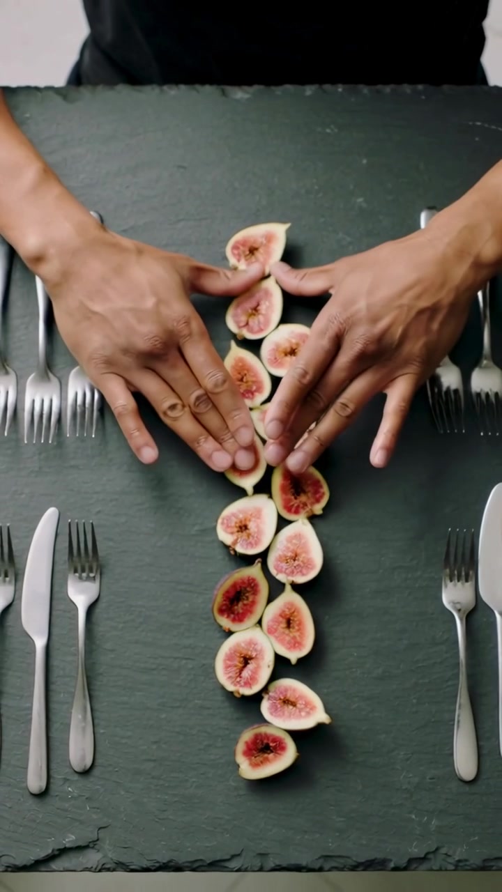 Vertical video: Appearing hands aligning halved figs into neat column on dark slate, cutlery beside