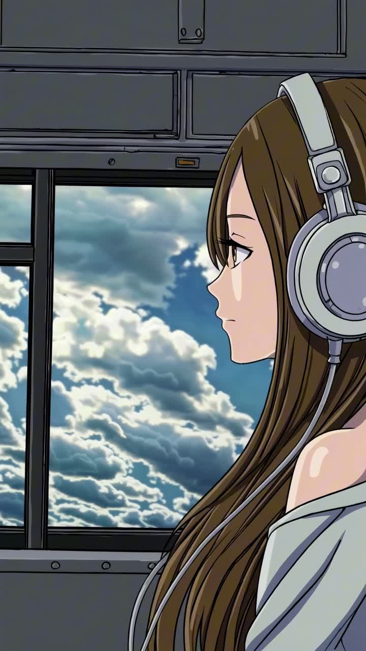 Concept video in stile anime di una ragazza con le cuffie, vista di profilo laterale, che guarda fuori dalla finestra