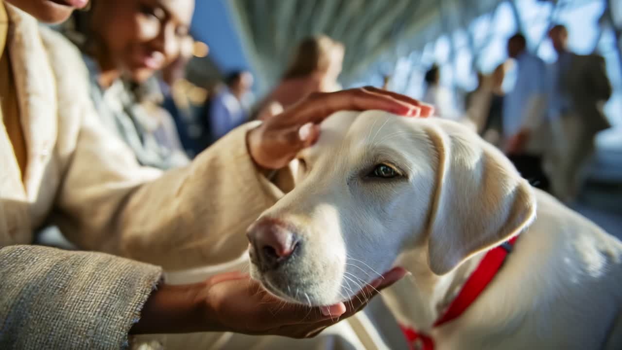 A tender moment captured as a person gently pets a friendly white Labrador dog, highlighting the bond between humans and pets in a warm, inviting environment