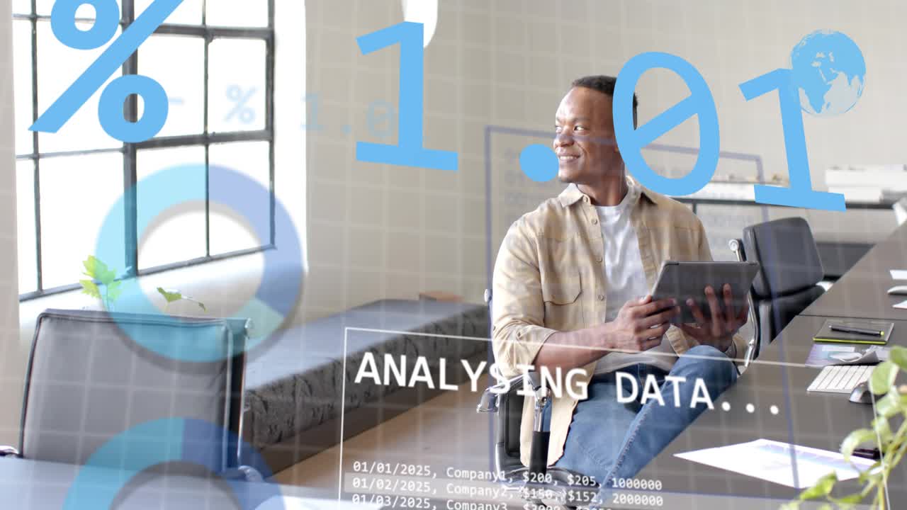 Business analyst tapping tablet in meeting, causing animated charts and numbers analysing trends