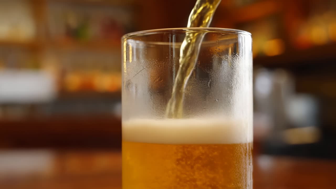 Birra versata in un bicchiere ghiacciato, un primo piano del flusso dorato e delle bollicine che salgono crea una schiuma cremosa.