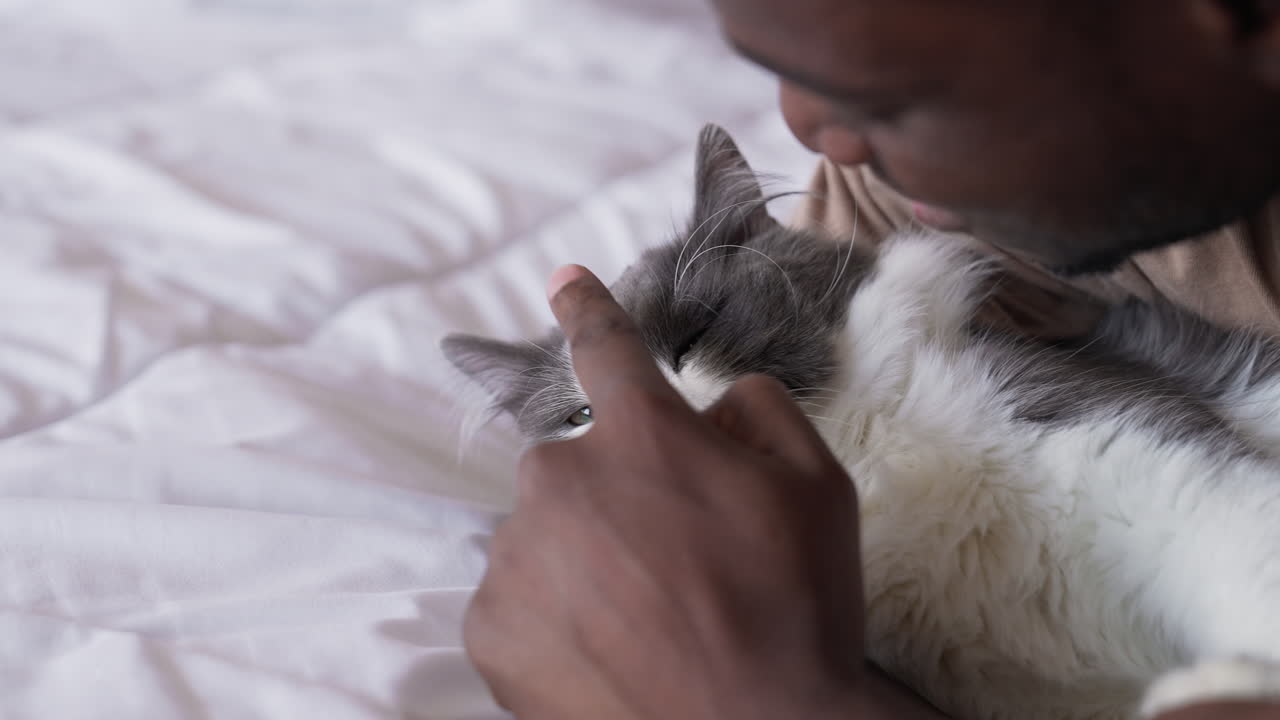 Pet owner with his cat on bed