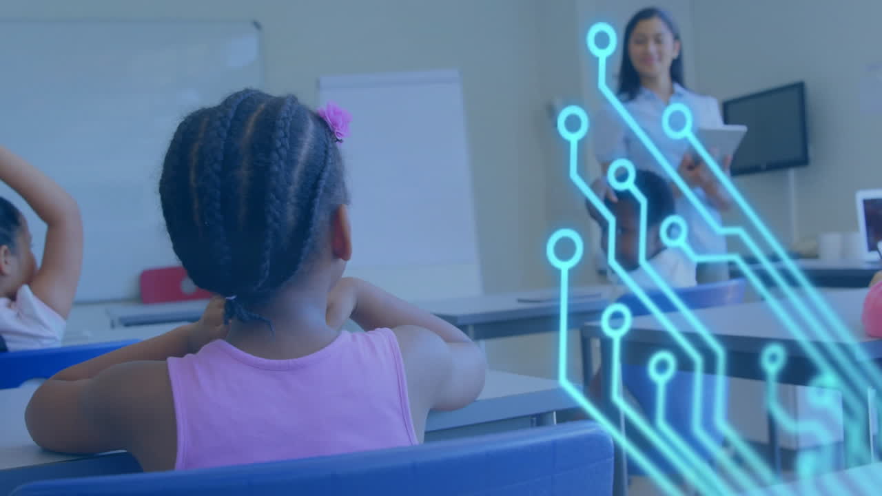 In school, children learning with digital circuit animation overlay in classroom