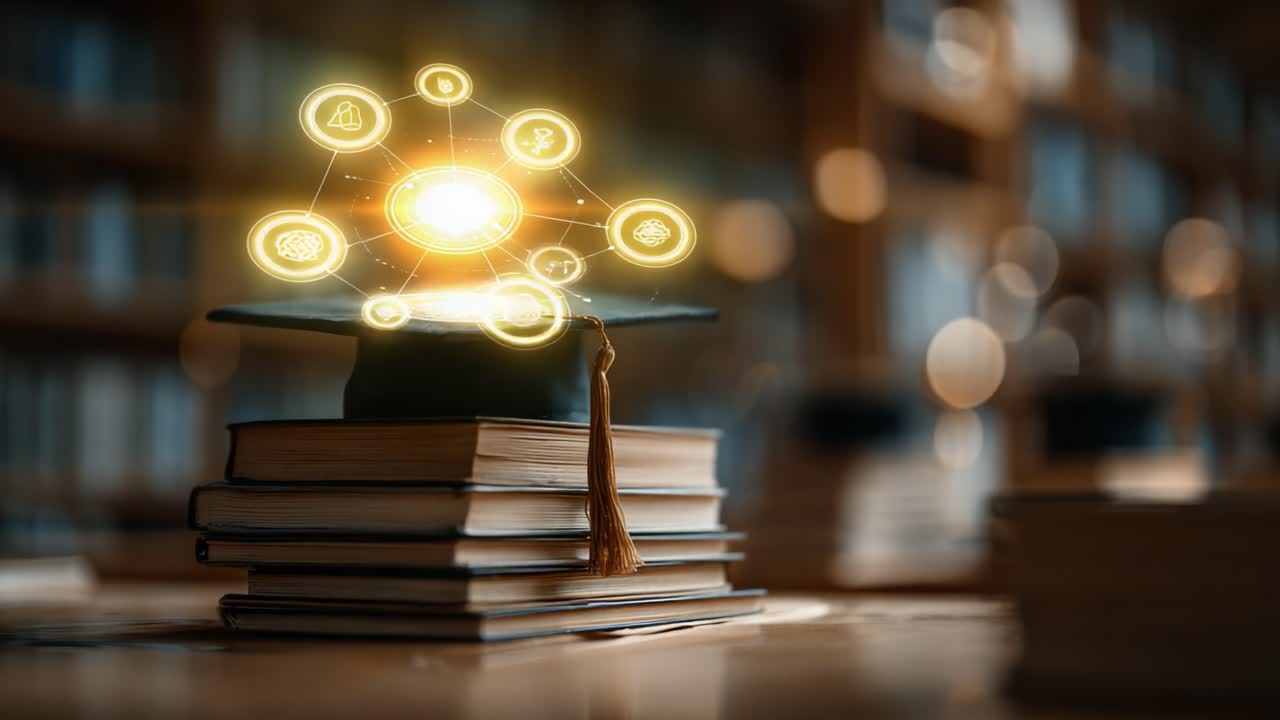 A graduation cap rests atop a stack of books, surrounded by glowing symbols representing knowledge and learning, highlighting the journey of education and achievement