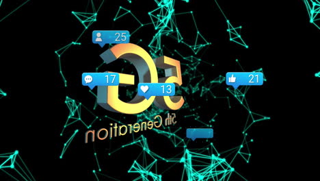 animation of 5g, social media reactions over connections on black background