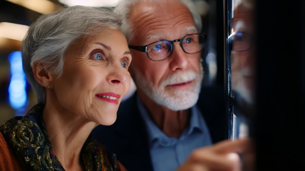 A couple of elderly individuals engaged in an intimate moment while observing an interesting display, showcasing their expressions of curiosity and wonder as they enjoy each other’s company in a vibrant setting