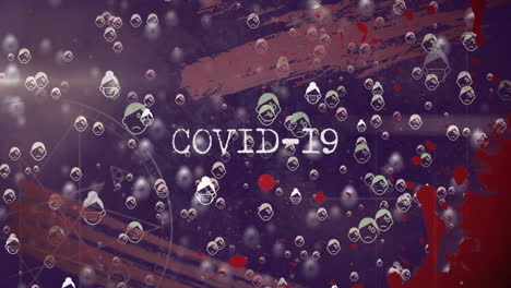 animation of covid 19 text, over sick people icons repeated on dark background