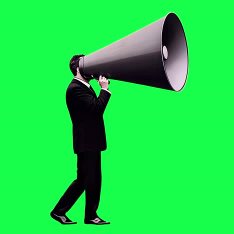 man with giant megaphone animation, transparent 4k video, green screen