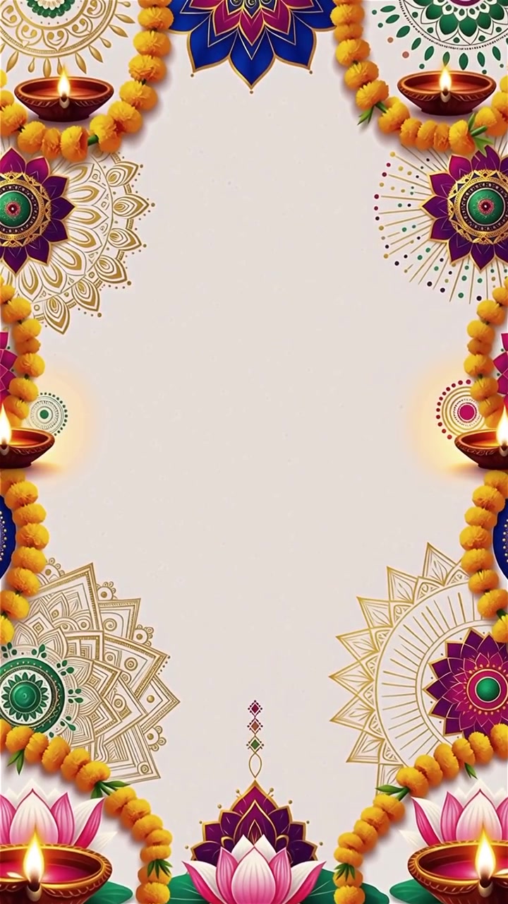 Sfondo Diwali con Diyas luminosi, Rangoli e fiori di loto