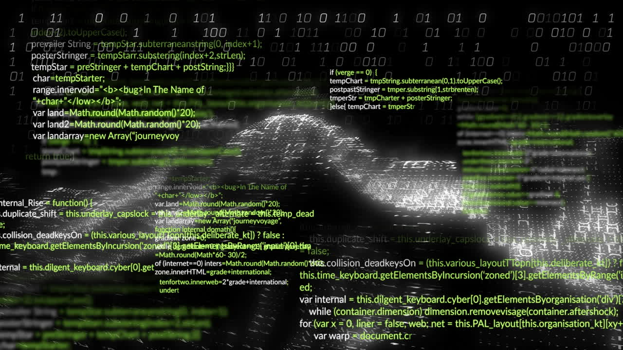 Animation of green text and binary code overlaying abstract digital landscape