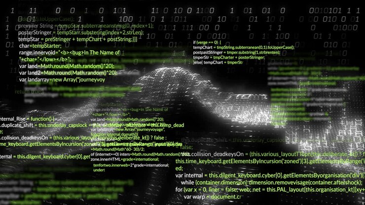 Animation of green text and binary code overlaying abstract digital landscape