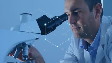 animation of network of connections over caucasian male scientist working in lab