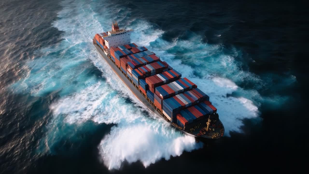 A Majestic Container Ship Navigating Through Turbulent Waters, Surrounded by Foam from Its Powerful Wake, Showcasing the Marvels of Maritime Shipping and Global Trade