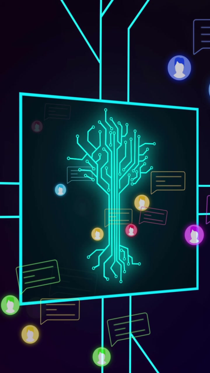 Animation of integrated circuit over messages and social media icons over digital space