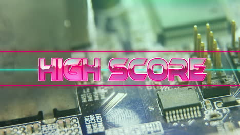 High score text on neon banner against close up of microprocessor connections on motherboard