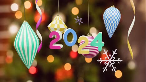 Animation-of-2024-text-and-christmas-decorations-in-background