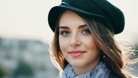 schöne frau mit blauen augen in einer schwarzen mütze lächelnd