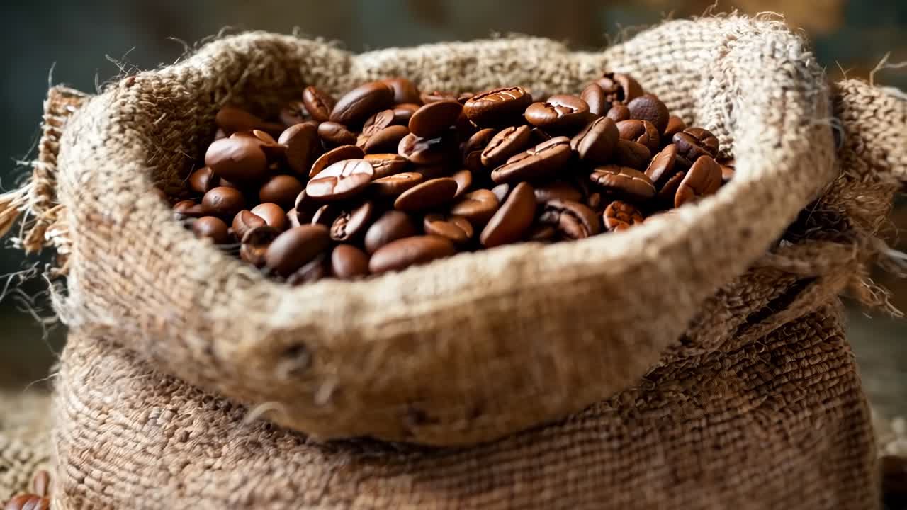 Un sacco pieno di chicchi di caffè seduto in cima a un tavolo