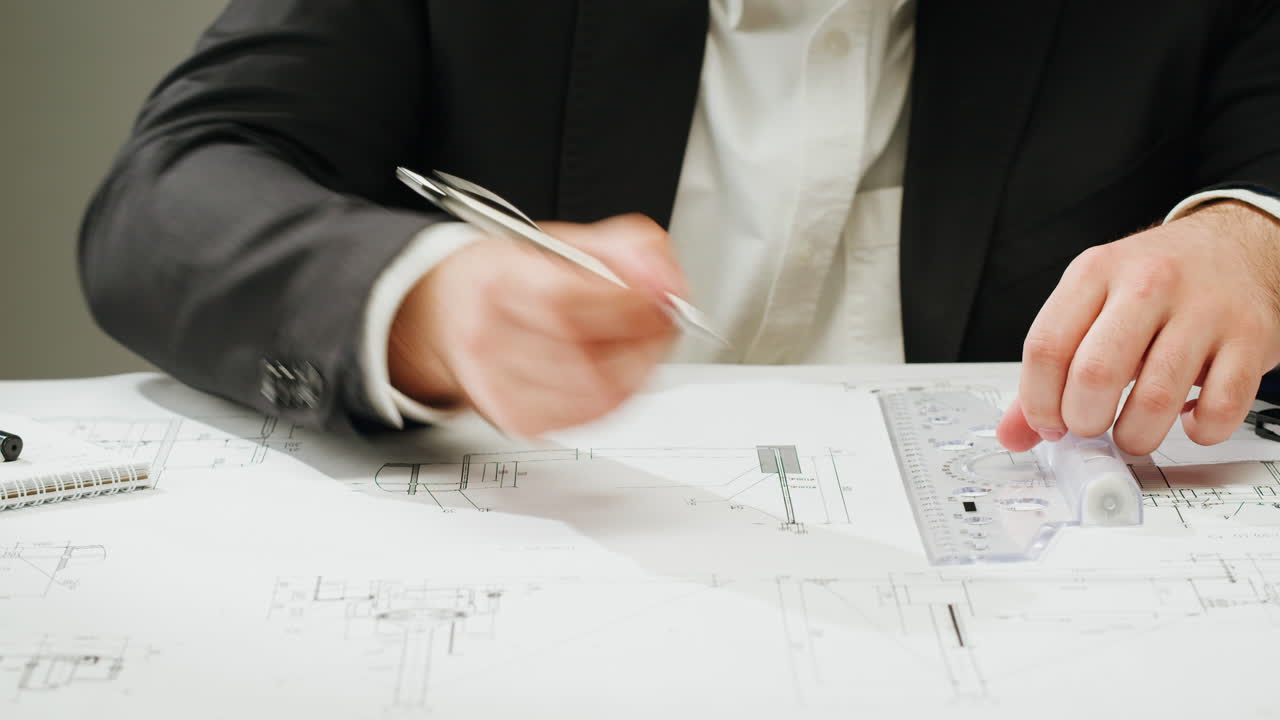 Person drawing on blueprints with a ruler and pen