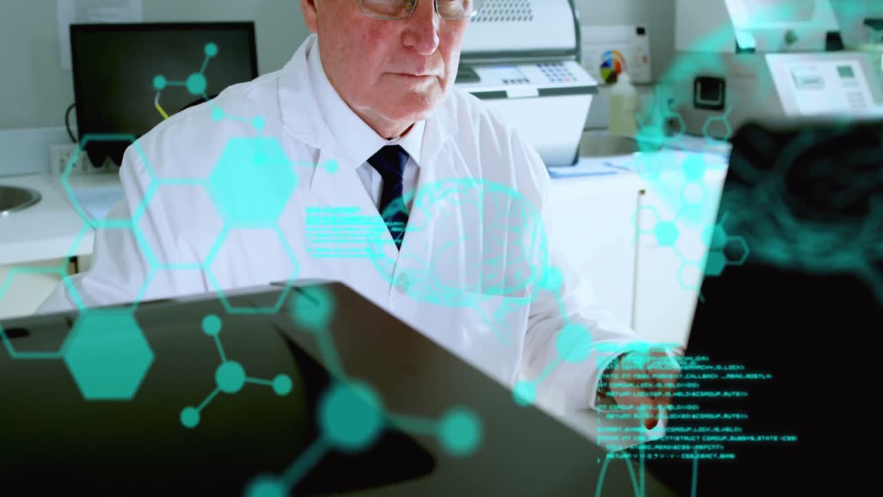 animación del procesamiento de datos científicos sobre un científico masculino que utiliza una computadora