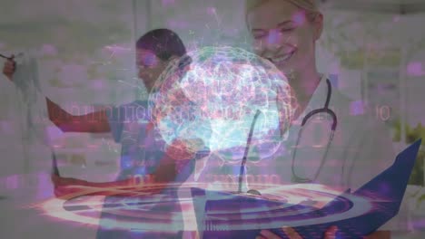 Animation-of-binary-codes-and-brain-with-circles-over-portrait-of-happy-female-caucasian-doctor
