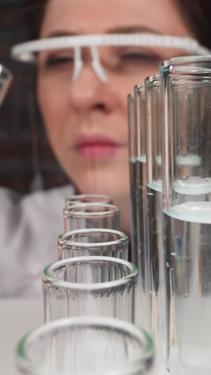Thoughtful female specialist with face shield and gloves looks at red liquid doing tests in lab slow motion. Probe lens shot of lady scientist closeup