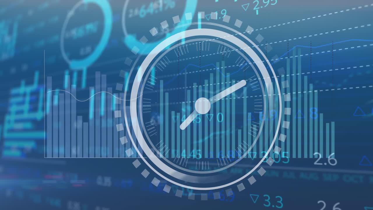 Animation of ticking clock over statistical and stock market data processing on blue background