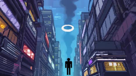 Pixel Art Cyberpunk City with Mysterious Figure and Sky Ring