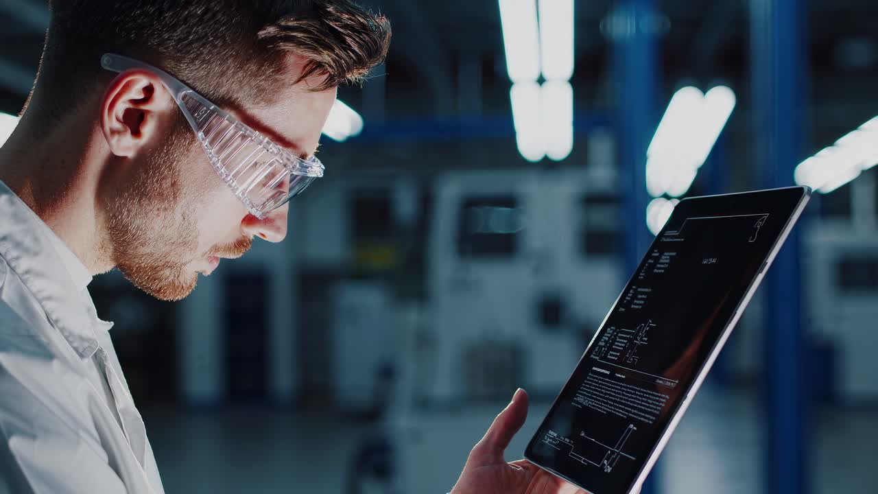 Engineer reviewing digital design on tablet in a modern factory
