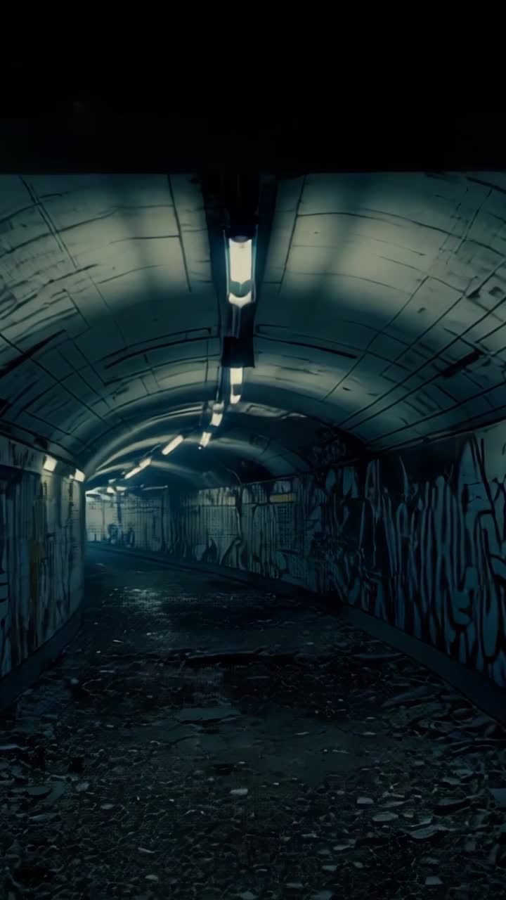 Vertical video: Tilting camera revealing underpass corridor, with graffiti and flickering tubes