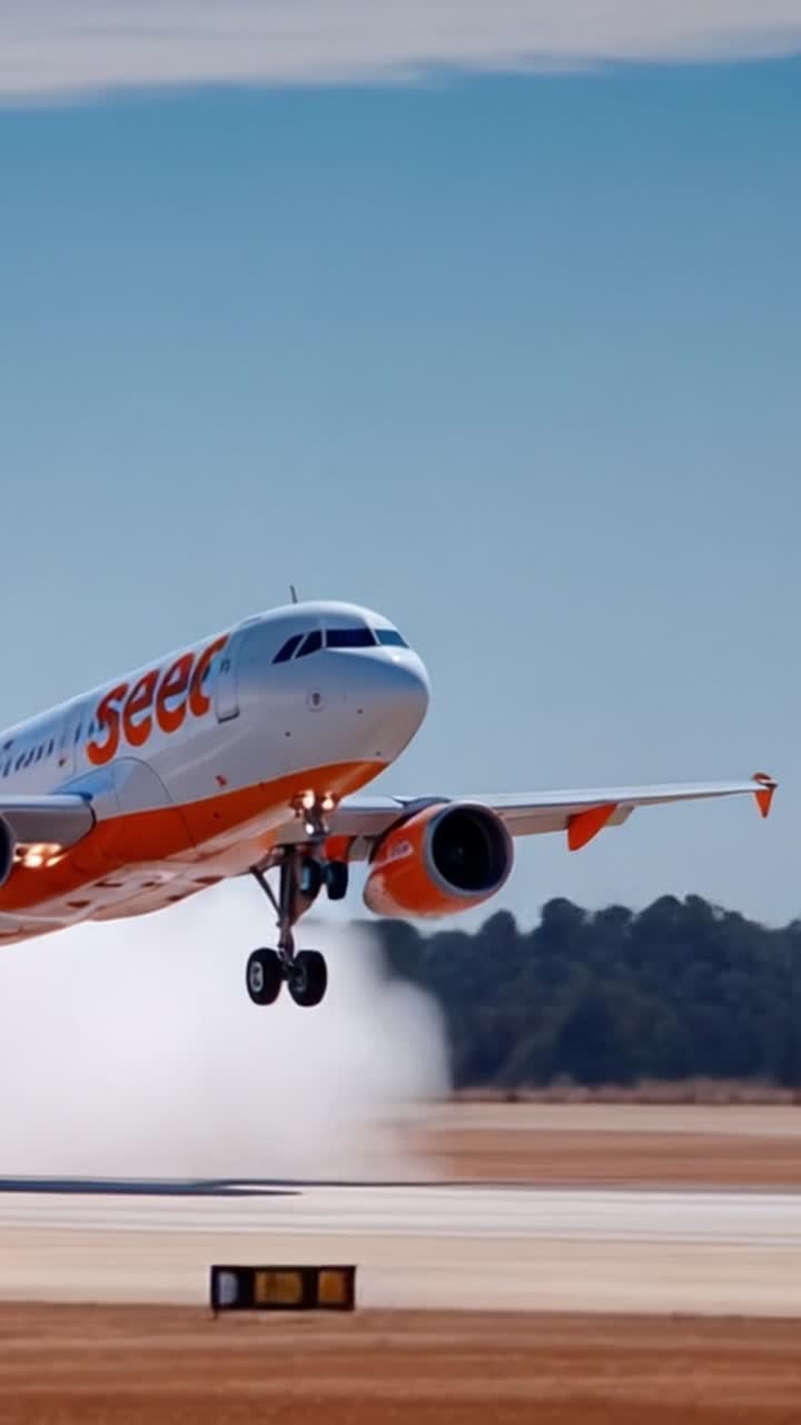Aereo in decollo dalla pista con scia di fumo nel cielo limpido, che mette in mostra la moderna tecnologia aeronautica e l'esperienza di viaggio aereo in un contesto dinamico.