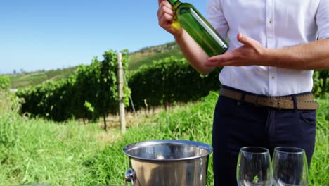 sección media del hombre arreglando la botella de vino en la mesa