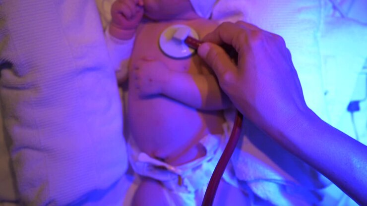 el médico del cultivo escucha el corazón del bebé.