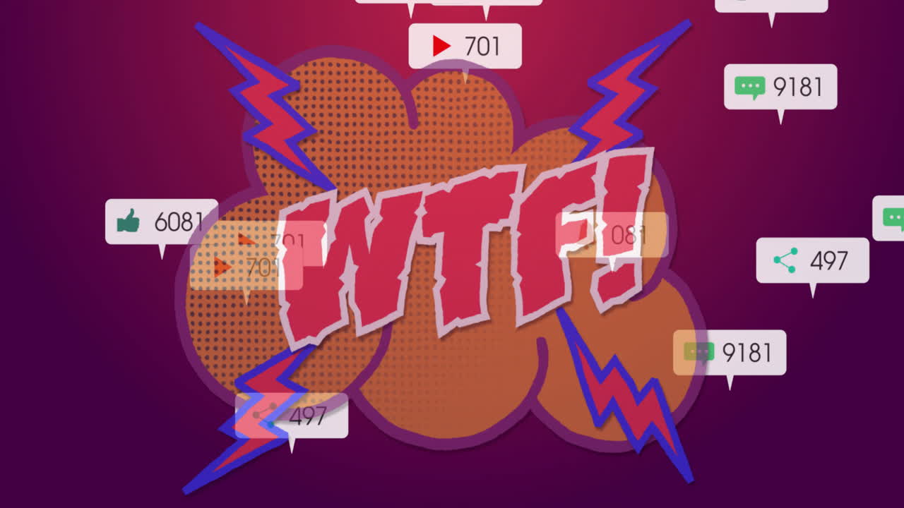 Animation with comic-style WTF text, social media icons, lightning bolts bursting