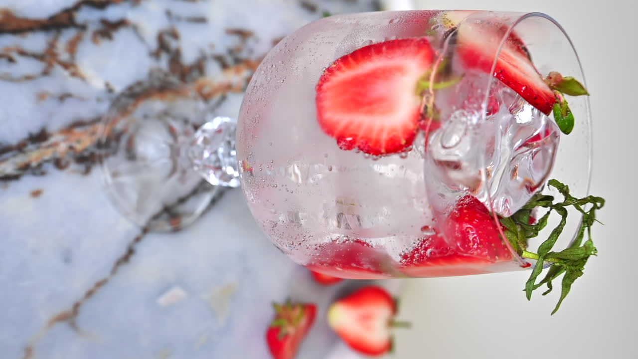 Acqua minerale versata in un bicchiere con ghiaccio e cocktail alla fragola, slow motion