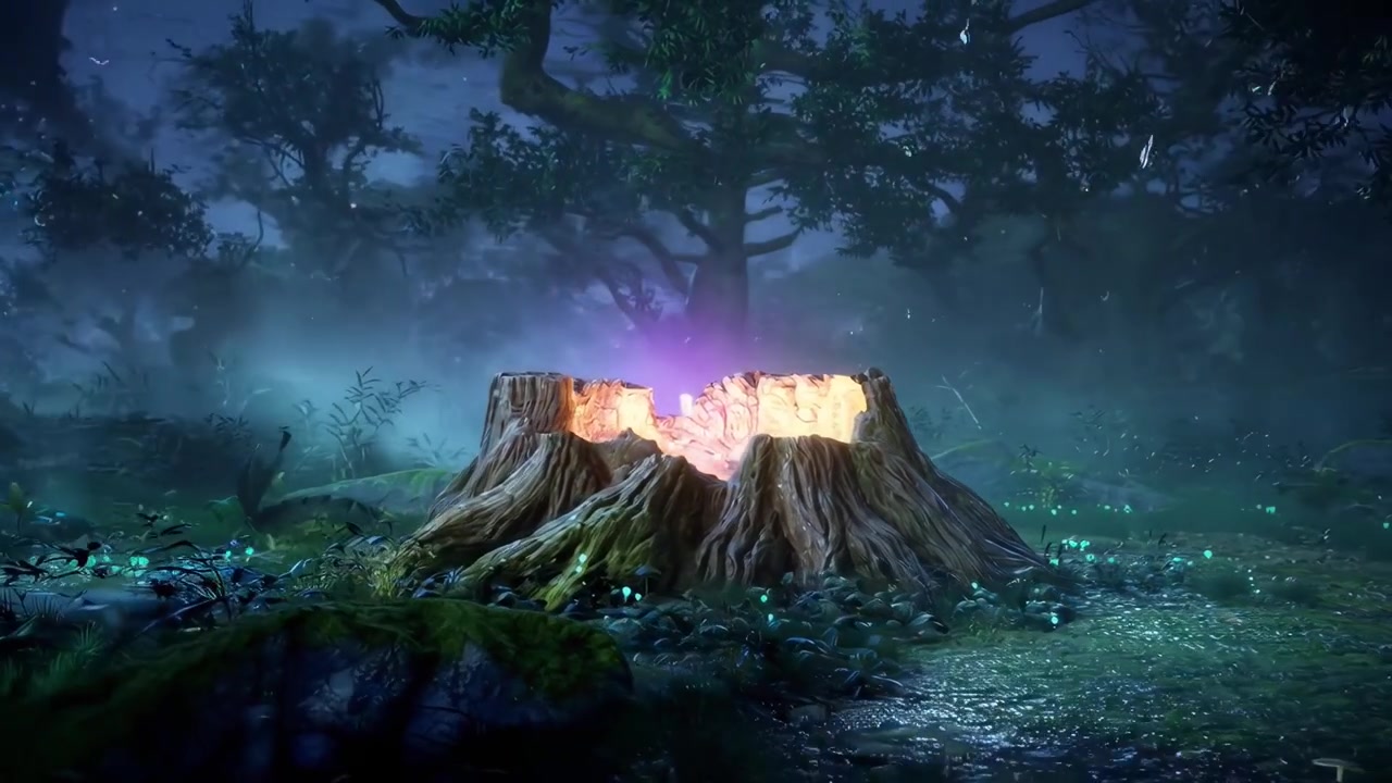 Ceppo d'albero luminoso in una foresta incantata con farfalle