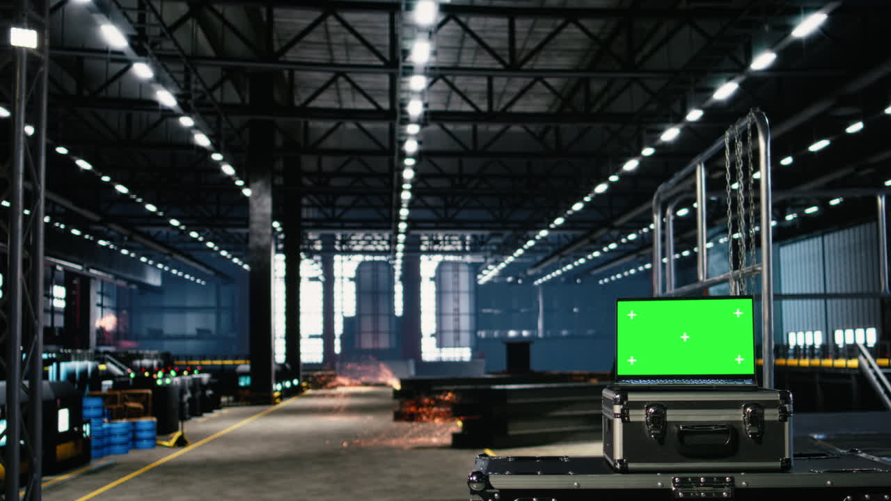 Chroma key in empty industrial warehouse with structured beams